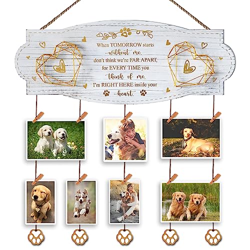 Dog Memorial Picture Collage Board – EXQUIDECA Rustic Wall Frame with Hand-Strung Hearts, Clips, and Paw Pendant