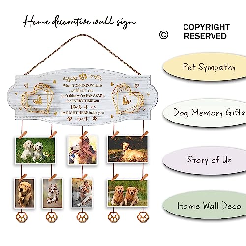 Dog Memorial Picture Collage Board – EXQUIDECA Rustic Wall Frame with Hand-Strung Hearts, Clips, and Paw Pendant
