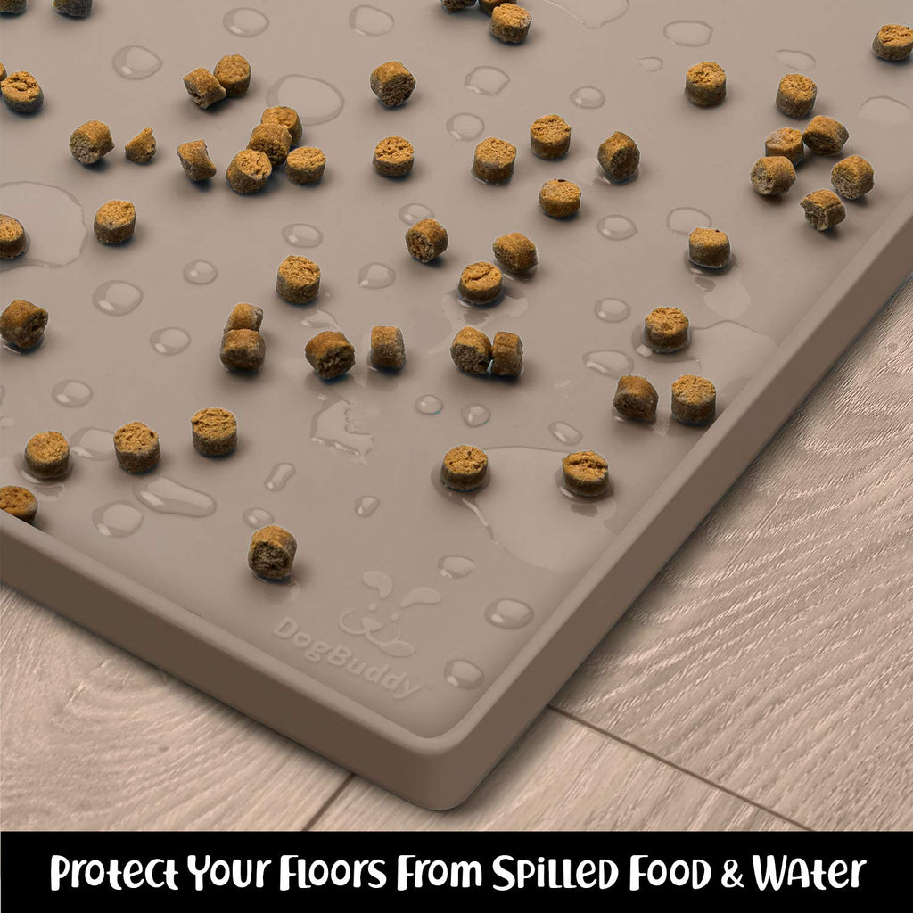 DogBuddy Taupe Silicone Dog Food Mat – Waterproof Non-Slip Feeding Mat with Raised Edges, Small 19x12 Inches