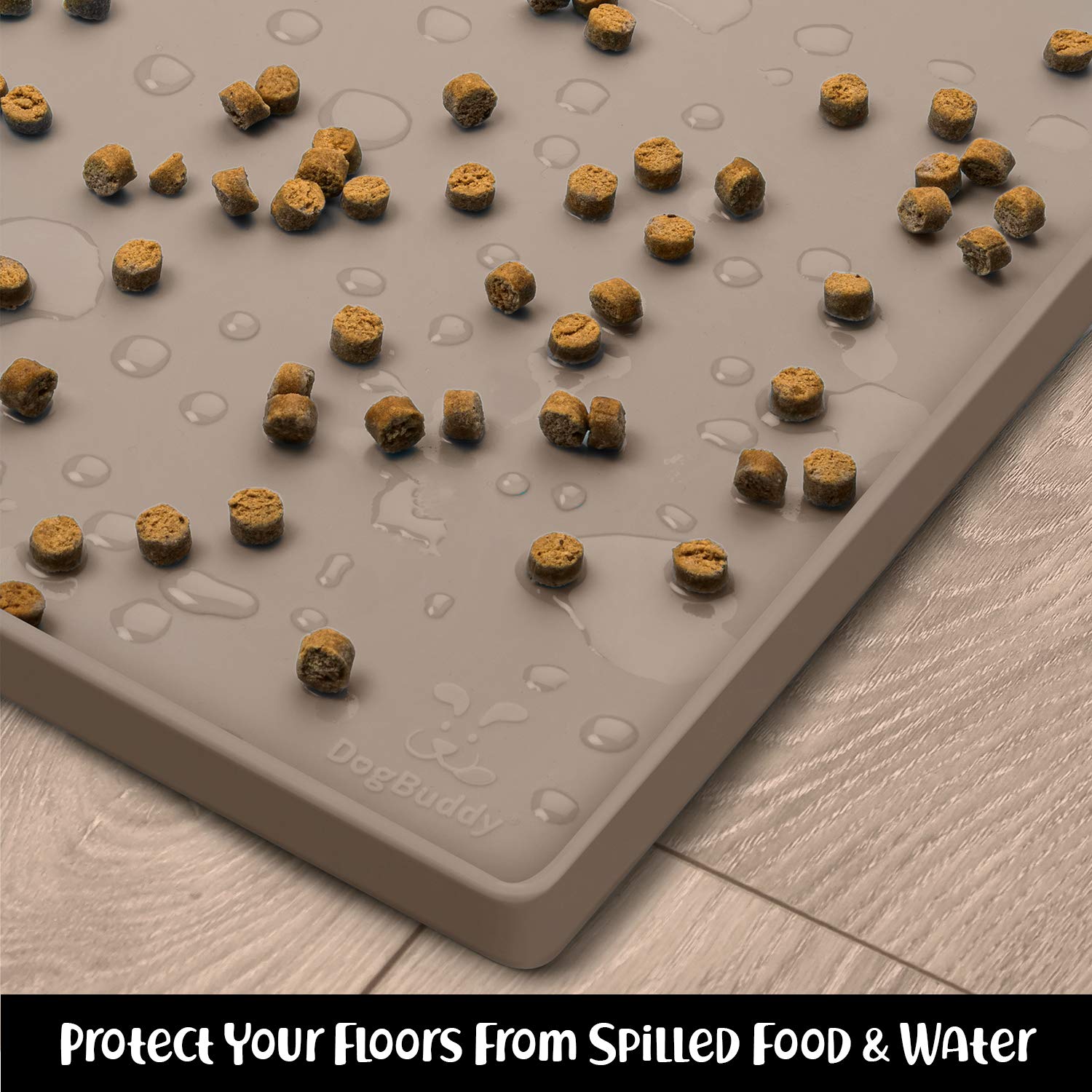 DogBuddy Taupe Silicone Dog Food Mat – Waterproof Non-Slip Feeding Mat with Raised Edges, Small 19x12 Inches