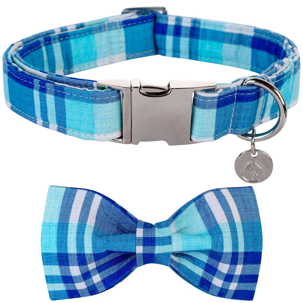 DOGWONG Blue Plaid Dog Collar with Removable Bow Tie - Soft Cotton Adjustable Collar for Small to Large Dogs