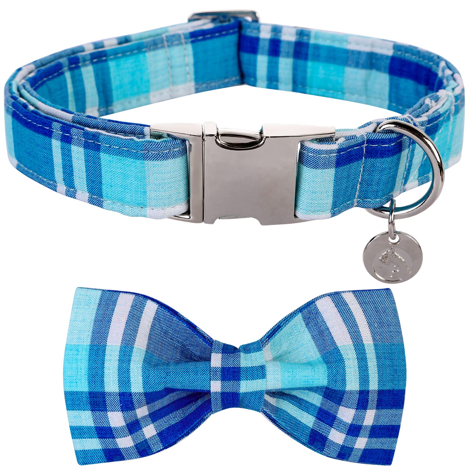 DOGWONG Blue Plaid Dog Collar with Removable Bow Tie - Soft Cotton Adjustable Collar for Small to Large Dogs