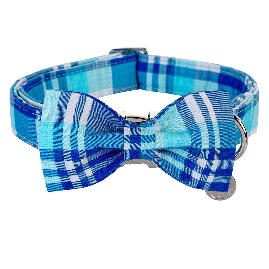 DOGWONG Blue Plaid Dog Collar with Removable Bow Tie - Soft Cotton Adjustable Collar for Small to Large Dogs