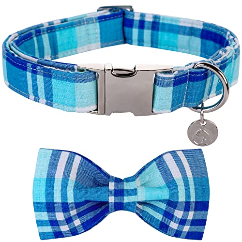 DOGWONG Blue Plaid Dog Collar with Removable Bow Tie - Soft Cotton Adjustable Collar for Small to Large Dogs