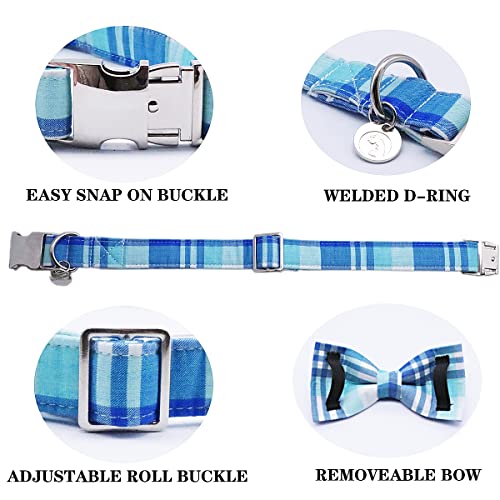 DOGWONG Blue Plaid Dog Collar with Removable Bow Tie - Soft Cotton Adjustable Collar for Small to Large Dogs