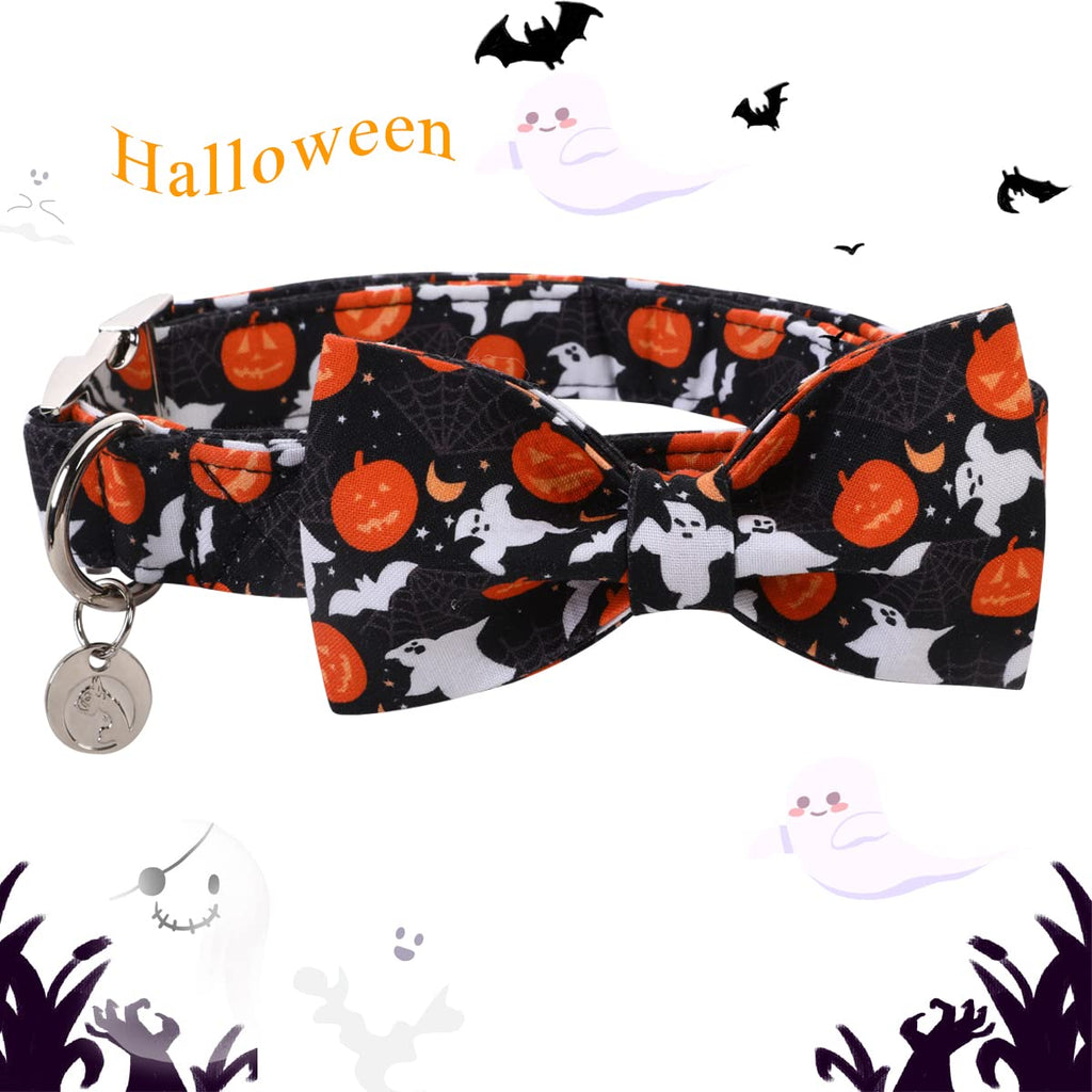 DOGWONG Halloween Black Ghost Dog Collar with Removable Bow Tie - Adjustable Soft Cotton for Small to Large Dogs