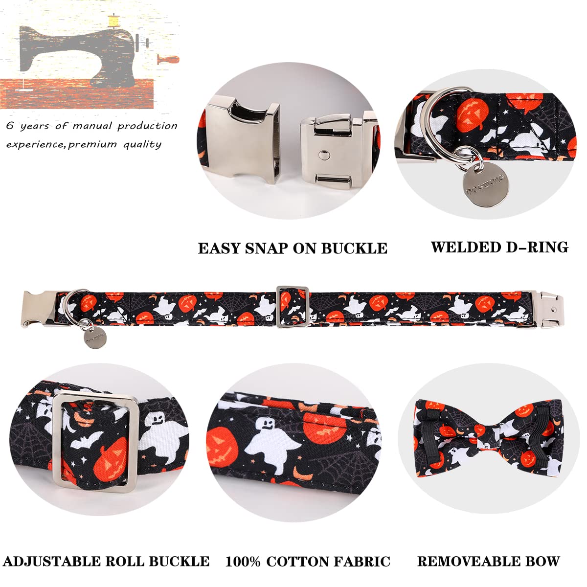 DOGWONG Halloween Black Ghost Dog Collar with Removable Bow Tie - Adjustable Soft Cotton for Small to Large Dogs
