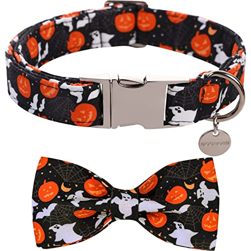 DOGWONG Halloween Black Ghost Dog Collar with Removable Bow Tie - Adjustable Soft Cotton for Small to Large Dogs