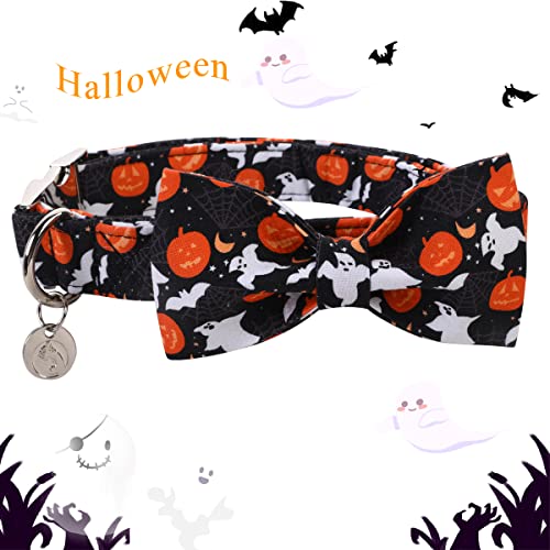 DOGWONG Halloween Black Ghost Dog Collar with Removable Bow Tie - Adjustable Soft Cotton for Small to Large Dogs