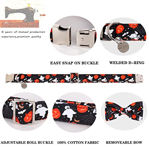 DOGWONG Halloween Black Ghost Dog Collar with Removable Bow Tie - Adjustable Soft Cotton for Small to Large Dogs