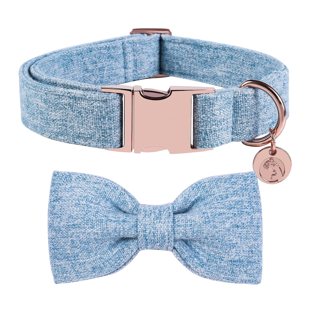 DOGWONG Hemp Cotton Dog Collar with Bow - Light Blue Check, Large Dogs