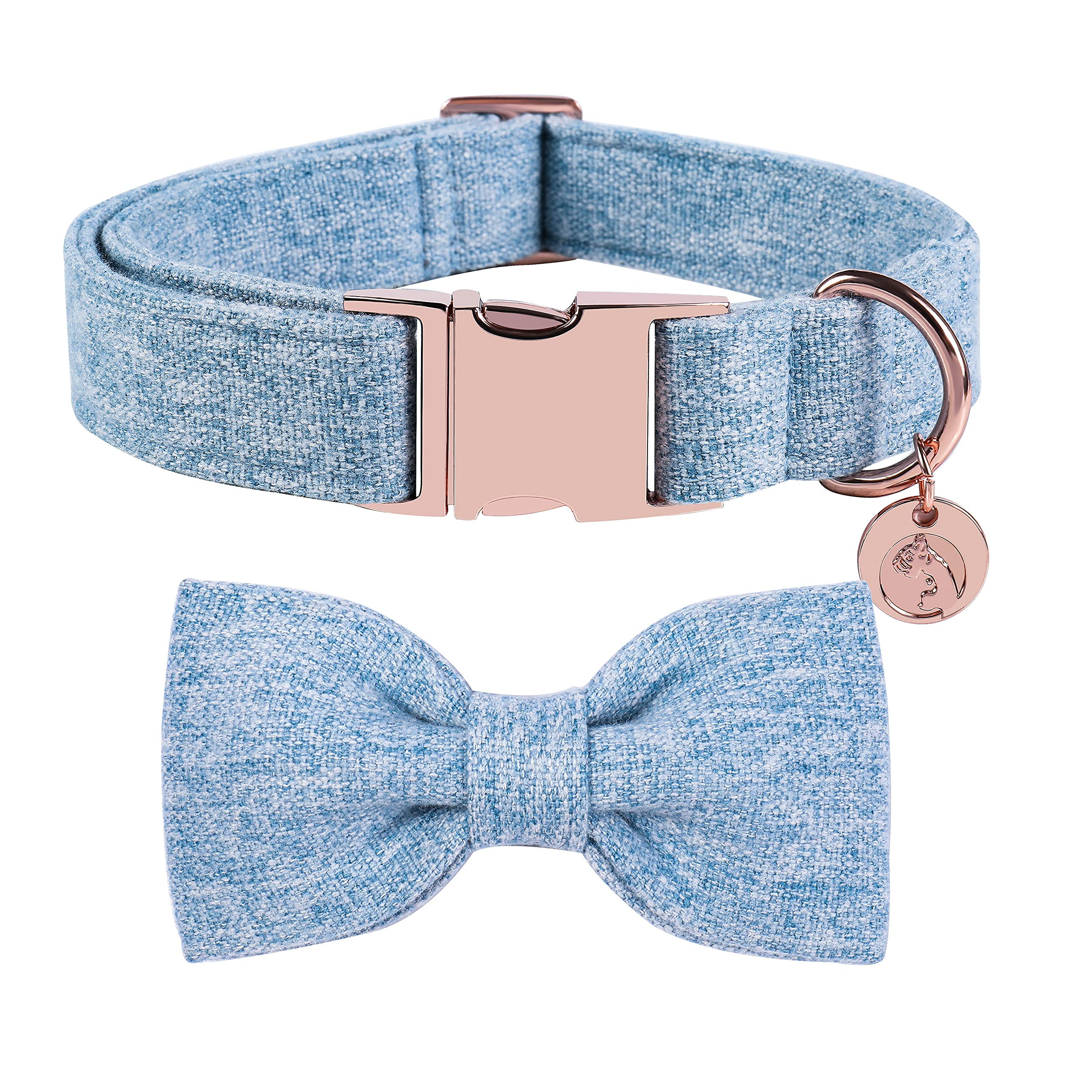 DOGWONG Hemp Cotton Dog Collar with Removable Bow - Light Blue for Large Dogs