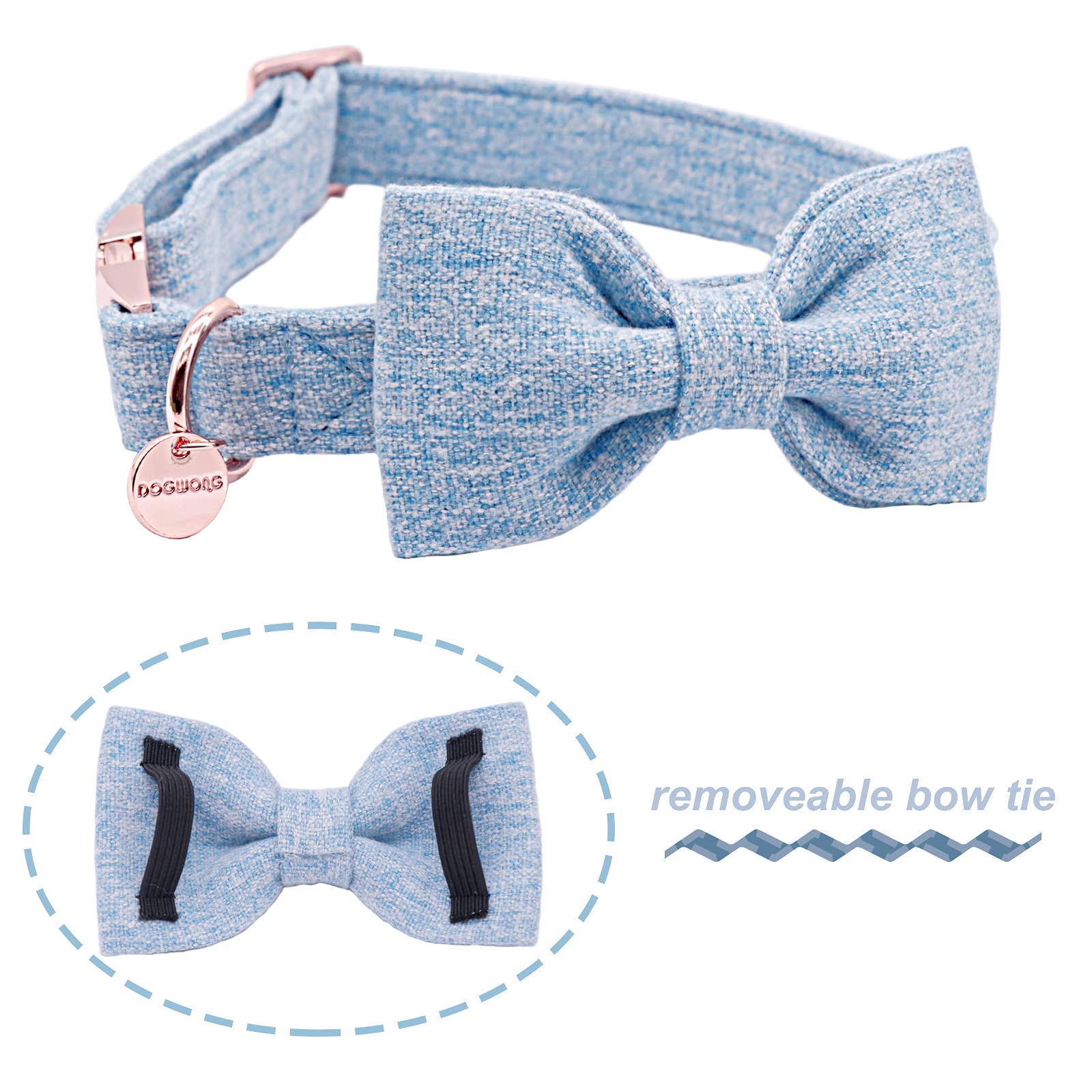 DOGWONG Hemp Cotton Dog Collar with Removable Bow - Light Blue for Large Dogs