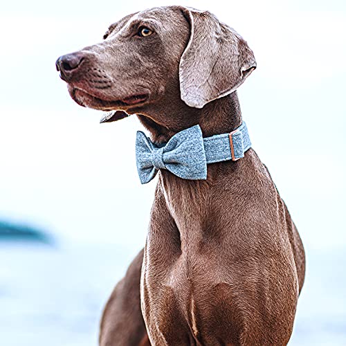 DOGWONG Hemp Cotton Dog Collar with Removable Bow - Light Blue for Large Dogs
