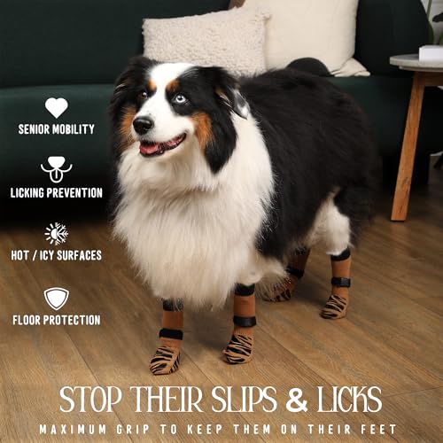 DOK TigerToes Premium Non-Slip Dog Socks for Hardwood Floors - Extra-Thick Grip, Medium, Cool Caramel