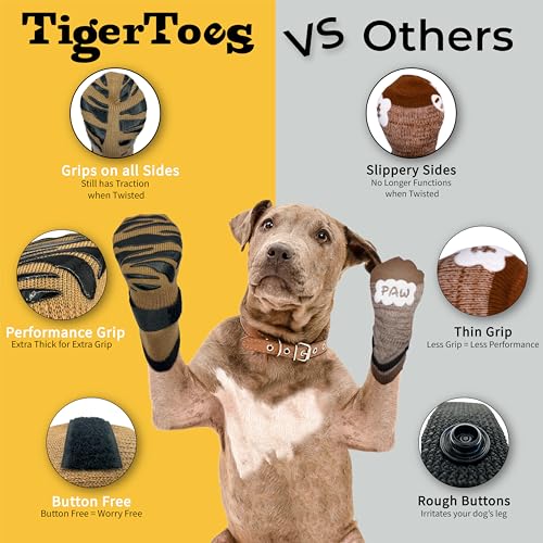 DOK TigerToes Premium Non-Slip Dog Socks for Hardwood Floors - Extra-Thick Grip, Medium, Cool Caramel