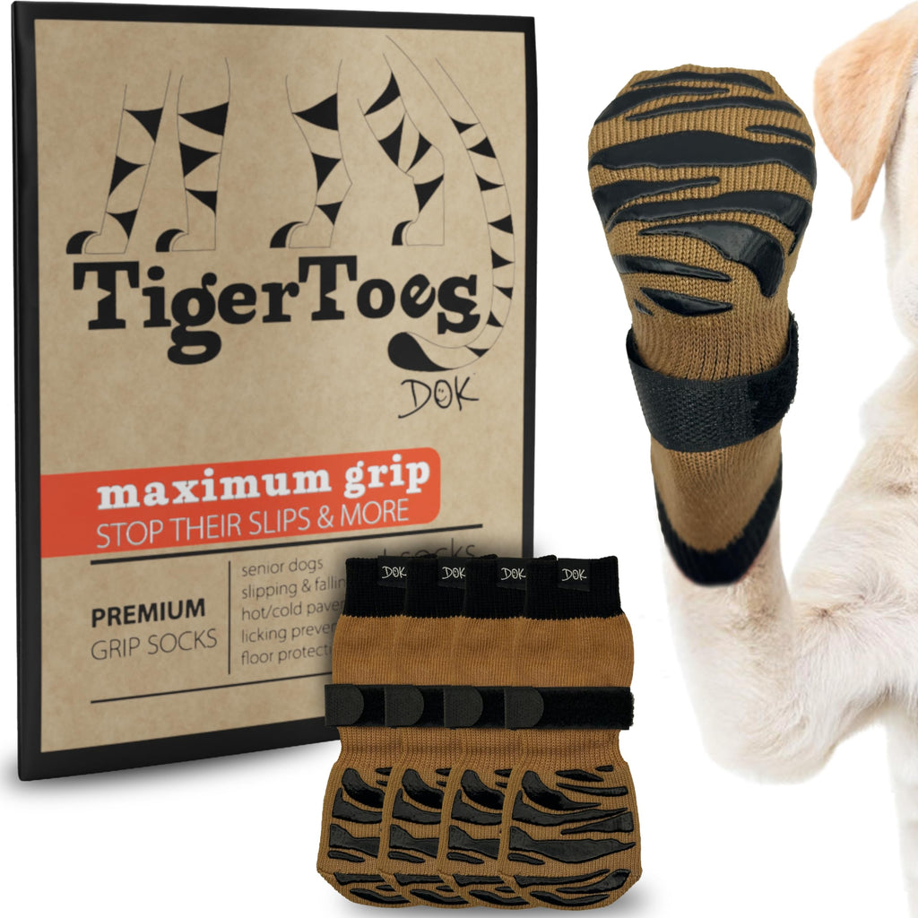 DOK TigerToes Premium Non-Slip Dog Socks for Hardwood Floors - Extra-Thick Grip, Medium, Cool Caramel