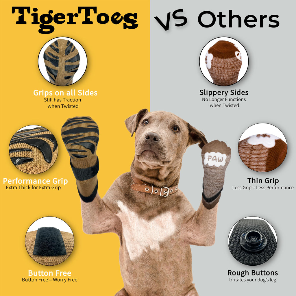 DOK TigerToes Premium Non-Slip Dog Socks for Hardwood Floors - Extra-Thick Grip, Medium, Cool Caramel