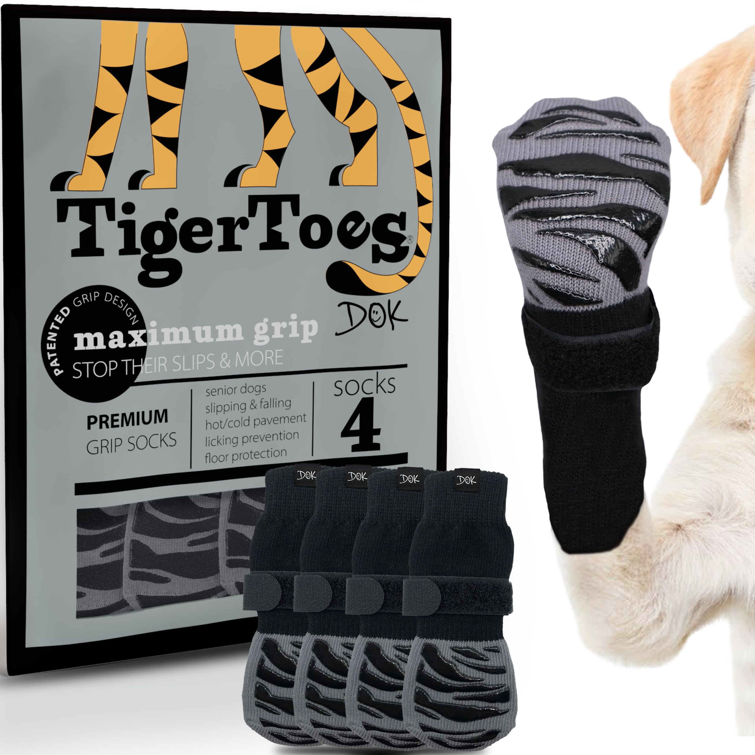 DOK TigerToes Premium Non-Slip Dog Socks for Hardwood Floors - Extra-Thick Grip That Works Even When Twisted - Prevents Licking and Slipping, Paw Protection for Large Dogs (XXXL, Classic Grey)