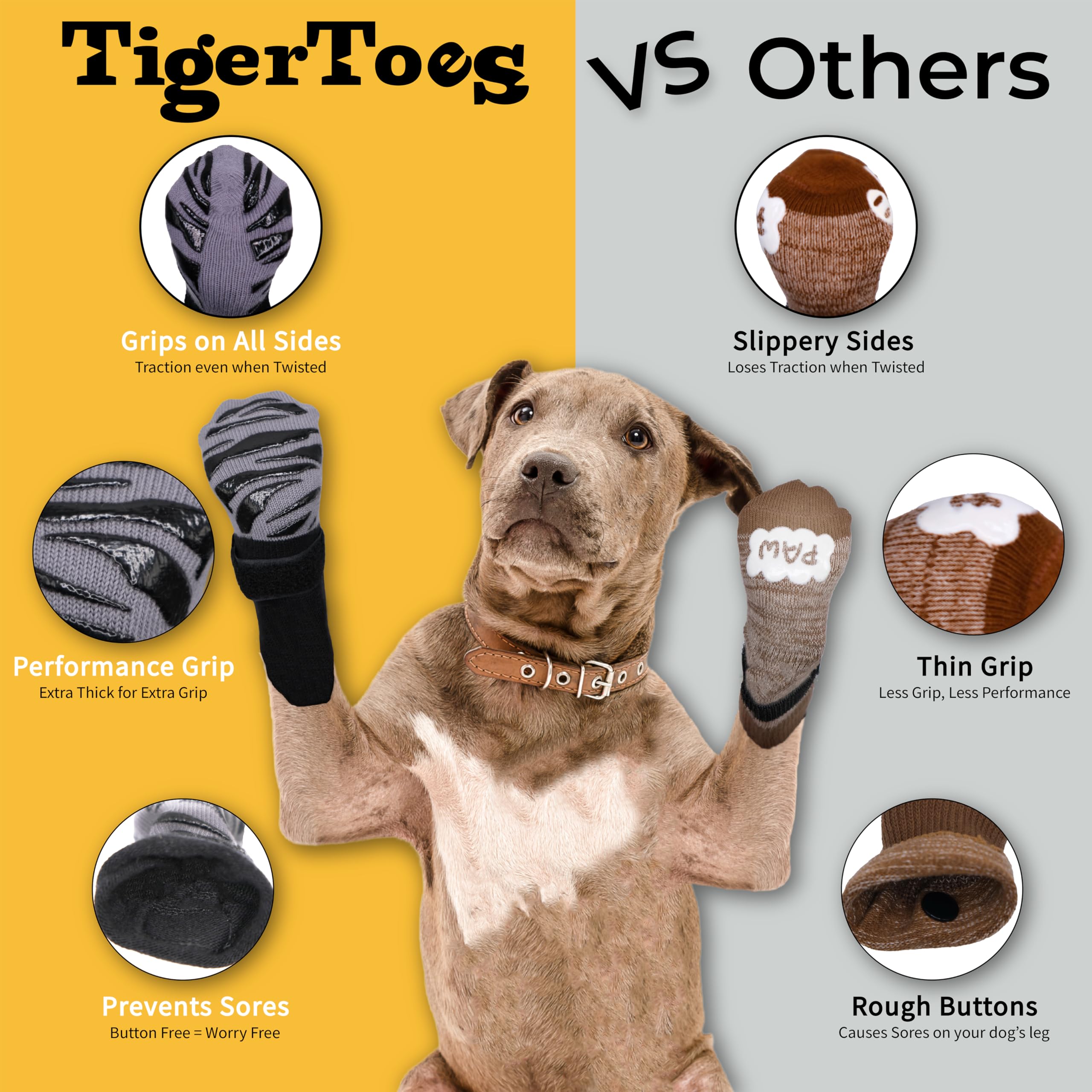 DOK TigerToes Premium Non-Slip Dog Socks for Hardwood Floors - Extra-Thick Grip That Works Even When Twisted - Prevents Licking and Slipping, Paw Protection for Large Dogs (XXXL, Classic Grey)