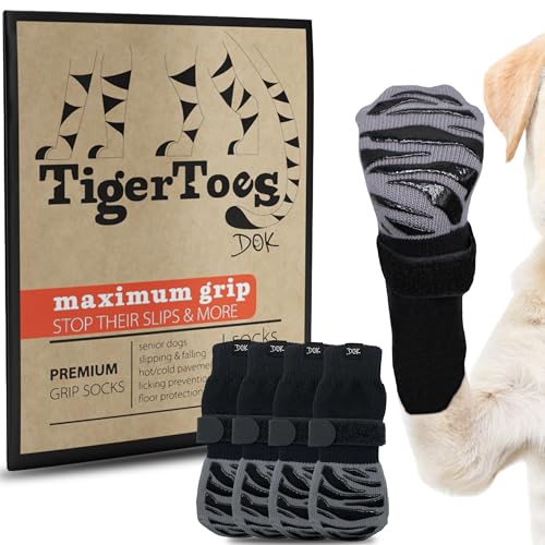 DOK TigerToes Small Non-Slip Dog Socks – Extra-Thick Grip for Hardwood Floors, Paw Protection (4 Pack, Classic Grey)
