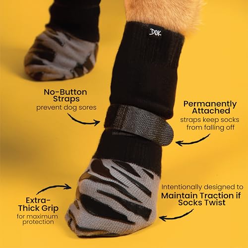 DOK TigerToes Small Non-Slip Dog Socks – Extra-Thick Grip for Hardwood Floors, Paw Protection (4 Pack, Classic Grey)
