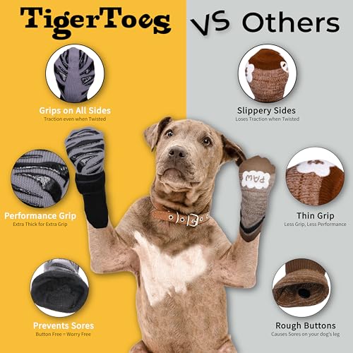 DOK TigerToes Small Non-Slip Dog Socks – Extra-Thick Grip for Hardwood Floors, Paw Protection (4 Pack, Classic Grey)