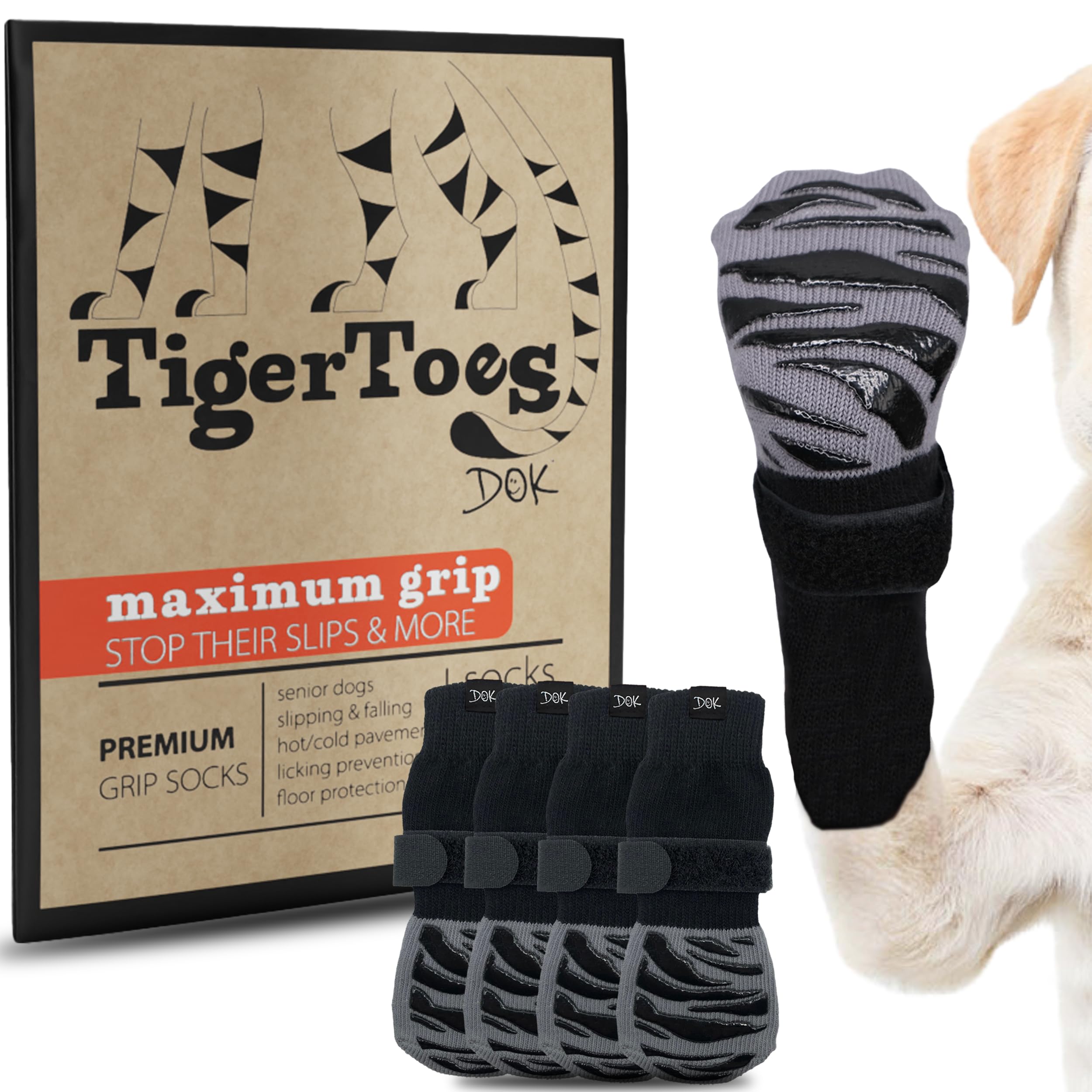 DOK TigerToes Small Non-Slip Dog Socks – Extra-Thick Grip for Hardwood Floors, Paw Protection (4 Pack, Classic Grey)