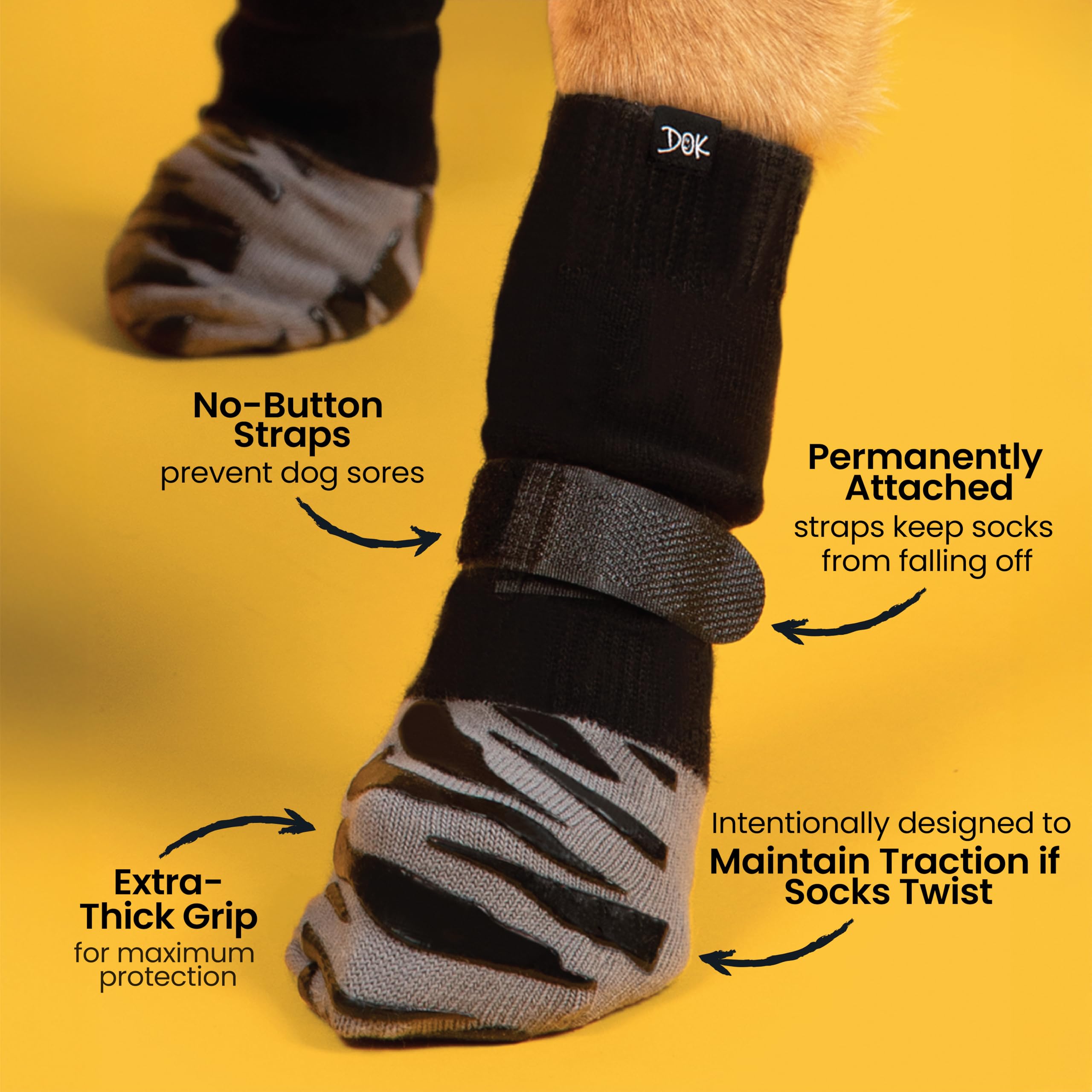 DOK TigerToes Small Non-Slip Dog Socks – Extra-Thick Grip for Hardwood Floors, Paw Protection (4 Pack, Classic Grey)