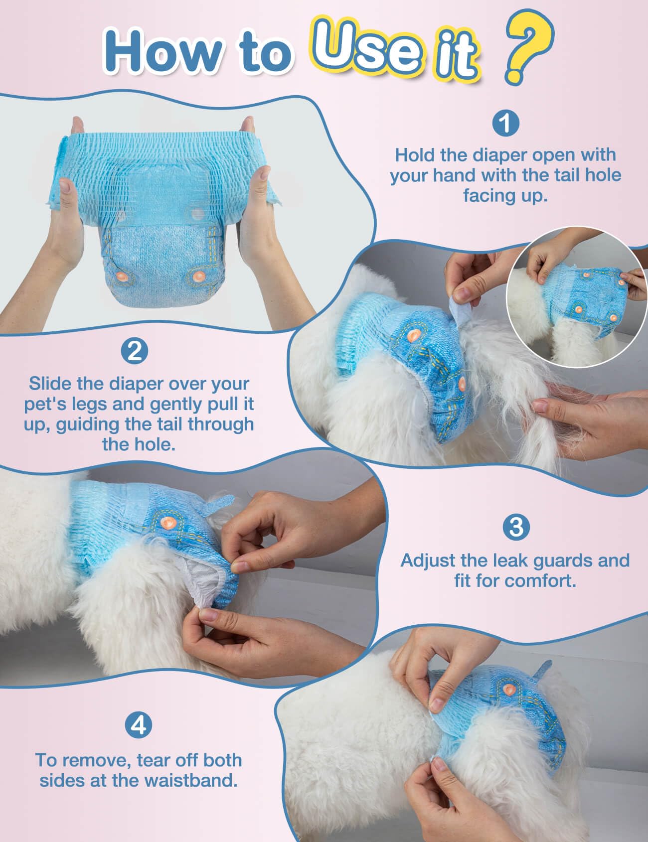 Dono Disposable Dog Diapers for Large Female Dogs - Stretchy Waist, 360° Leak-Proof, Super Absorbent, XL (Waist 14.9-22.8 Inches), Jeans Print