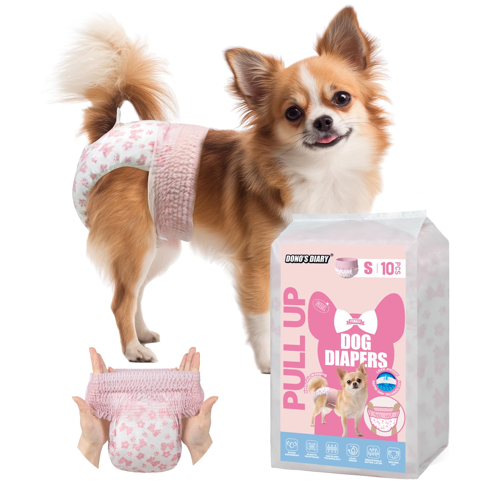 Dono Pull-Up Female Dog Diapers - 360° Stretchy Waist, Super Absorbent, Leak-Proof, Size S, 10 Pack