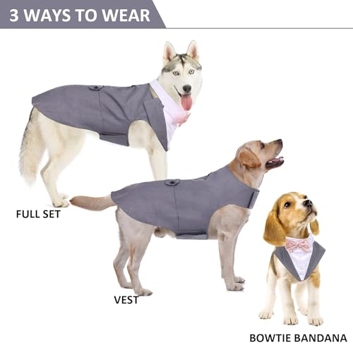 DORA BRIDAL Dog Tuxedo Set for Small Dogs – Grey, Size S with Bow Tie and D-Ring Leash Attachment