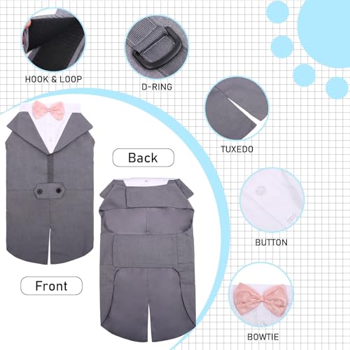 DORA BRIDAL Dog Tuxedo Set for Small Dogs – Grey, Size S with Bow Tie and D-Ring Leash Attachment