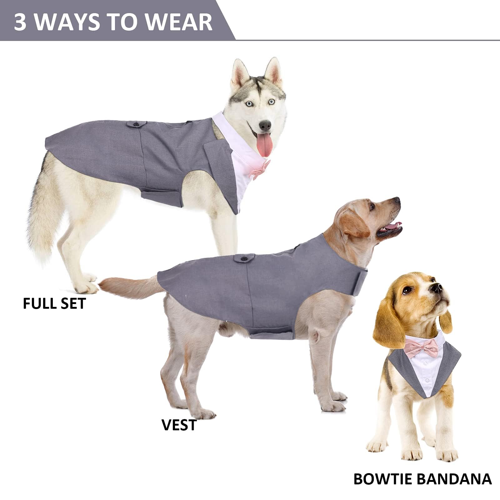 DORA BRIDAL Dog Tuxedo Set for Small Dogs – Grey, Size S with Bow Tie and D-Ring Leash Attachment
