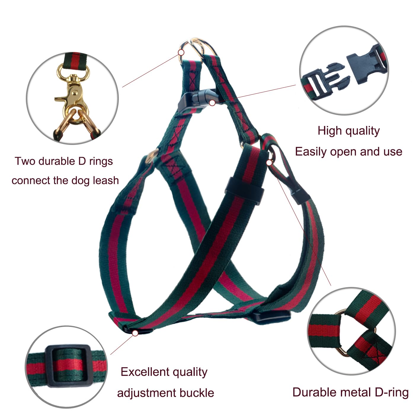 doryojoy Striped Dog Harness and Leash Set – Soft Adjustable Pet Vest for Medium Dogs (Green/Red)