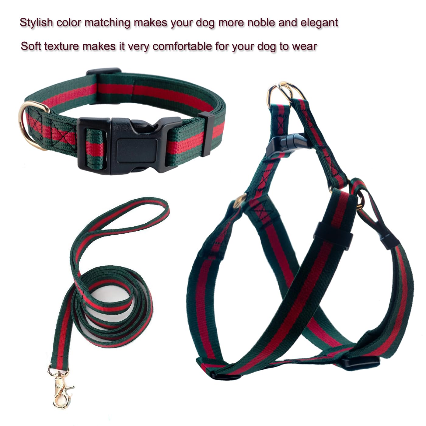 doryojoy Striped Dog Harness and Leash Set – Soft Adjustable Pet Vest for Medium Dogs (Green/Red)