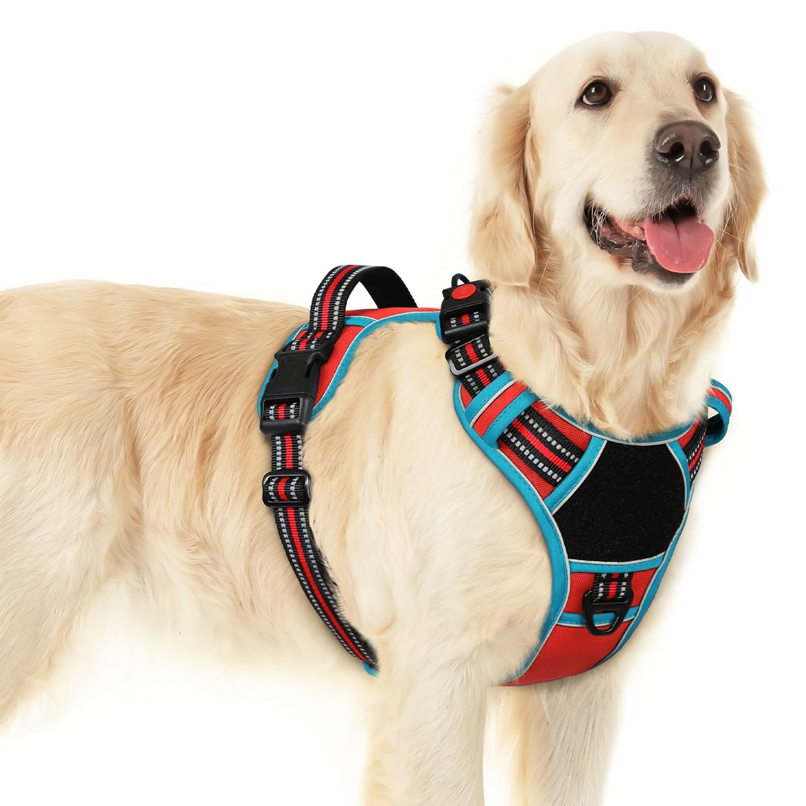 Eagloo Large Dog Harness with 3 Buckles, Reflective No-Pull Vest with Handle – Red & Teal