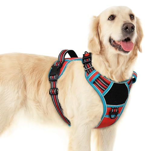 Eagloo Large Dog Harness with 3 Buckles, Reflective No-Pull Vest with Handle – Red & Teal