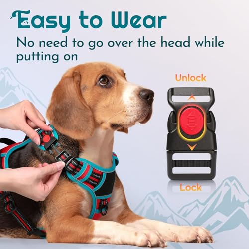 Eagloo Large Dog Harness with 3 Buckles, Reflective No-Pull Vest with Handle – Red & Teal