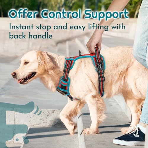Eagloo Large Dog Harness with 3 Buckles, Reflective No-Pull Vest with Handle – Red & Teal