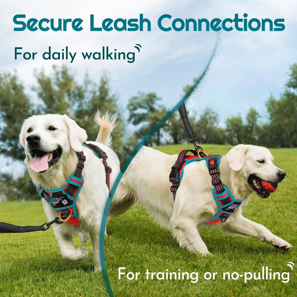 Eagloo Large Dog Harness with 3 Buckles, Reflective No-Pull Vest with Handle – Red & Teal