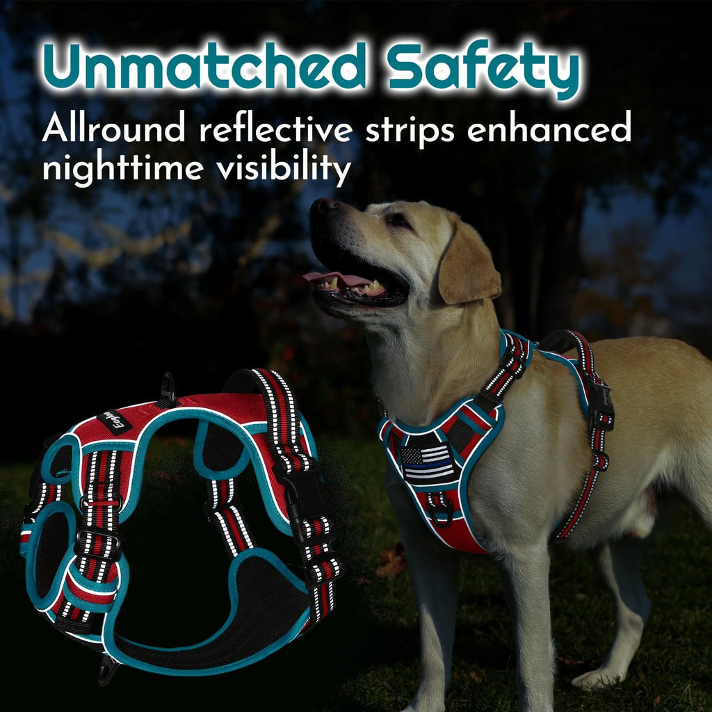 Eagloo Large Dog Harness with 3 Buckles, Reflective No-Pull Vest with Handle – Red & Teal