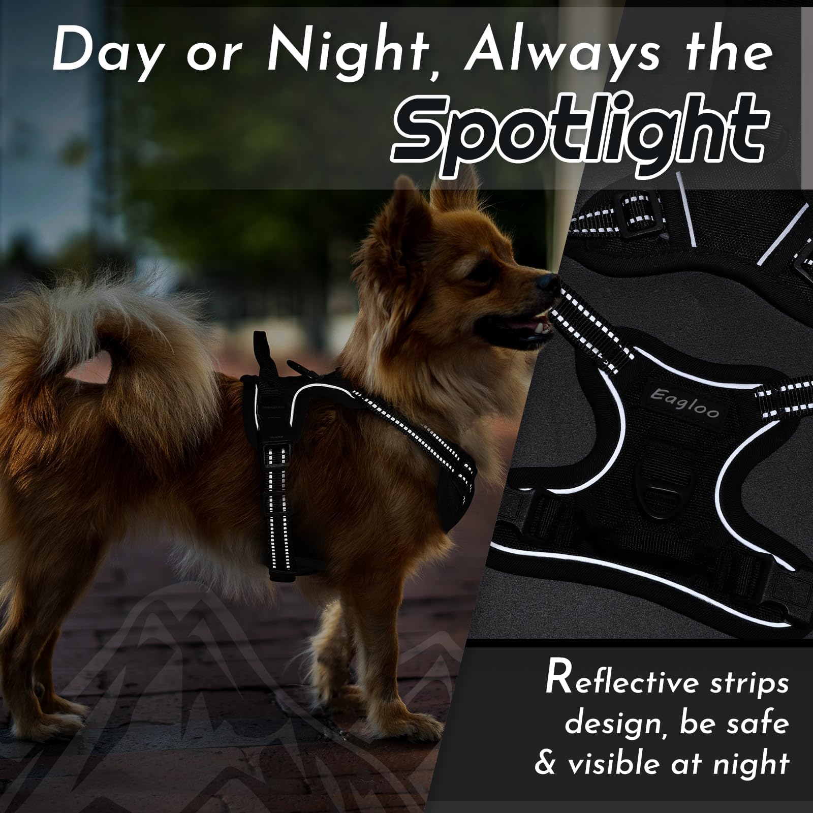 Eagloo Small Dog Harness No Pull – Black XS with Reflective Strips & Control Handle