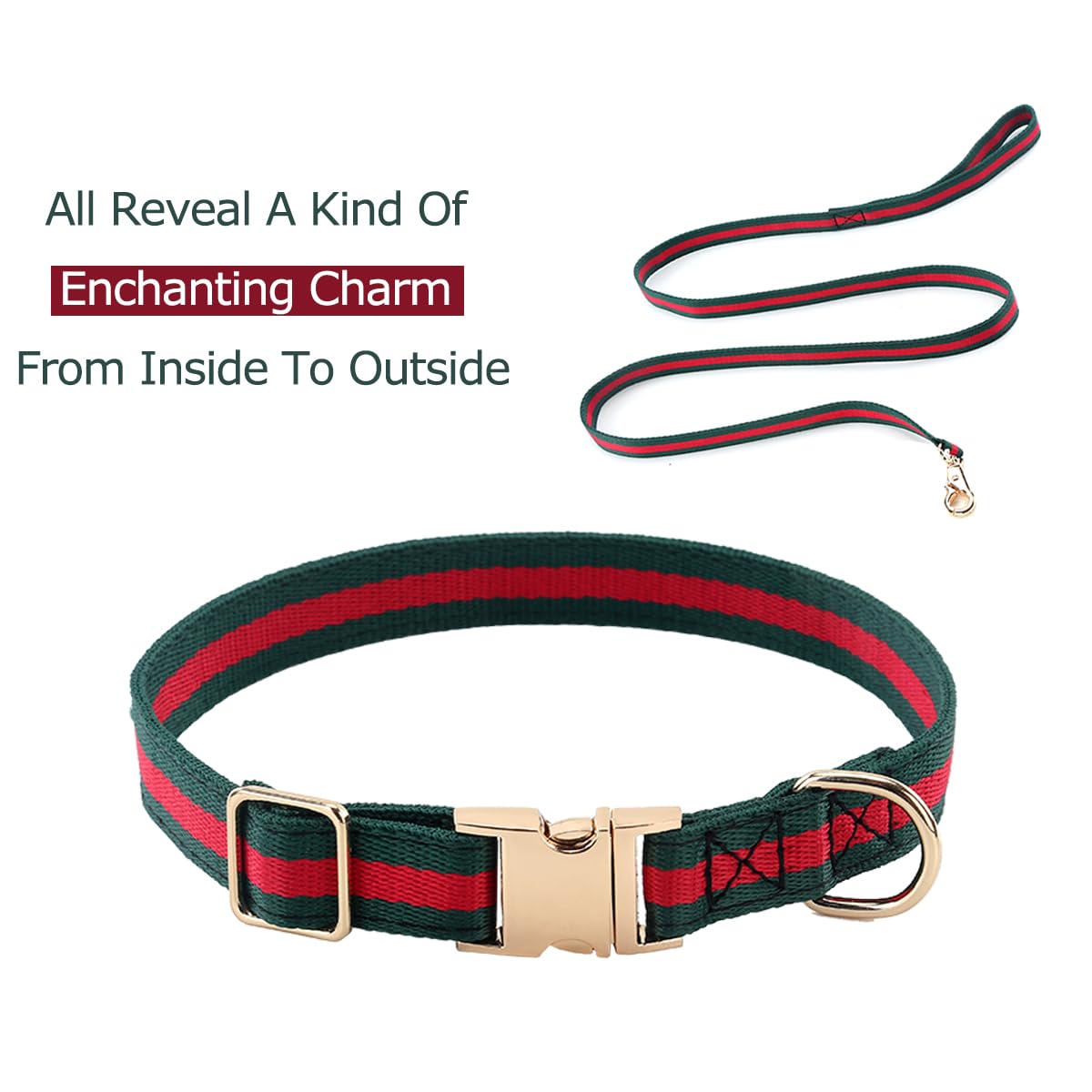 Echentie Adjustable Dog Collar and Leash Set - Metal Buckle, Nylon, 5ft Leash, Stripe Pattern, Size M for Medium Dogs