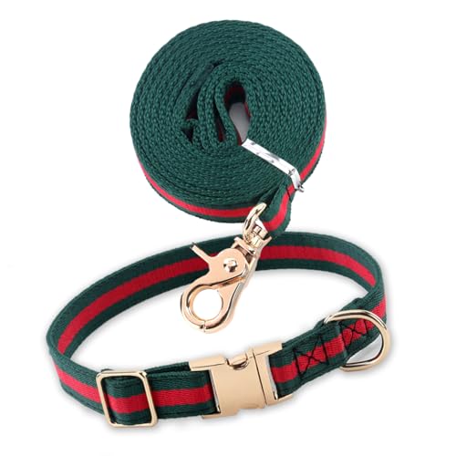 Echentie Adjustable Dog Collar and Leash Set - Metal Buckle, Nylon, 5ft Leash, Stripe Pattern, Size M for Medium Dogs