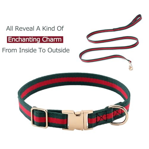 Echentie Adjustable Dog Collar and Leash Set - Metal Buckle, Nylon, 5ft Leash, Stripe Pattern, Size M for Medium Dogs
