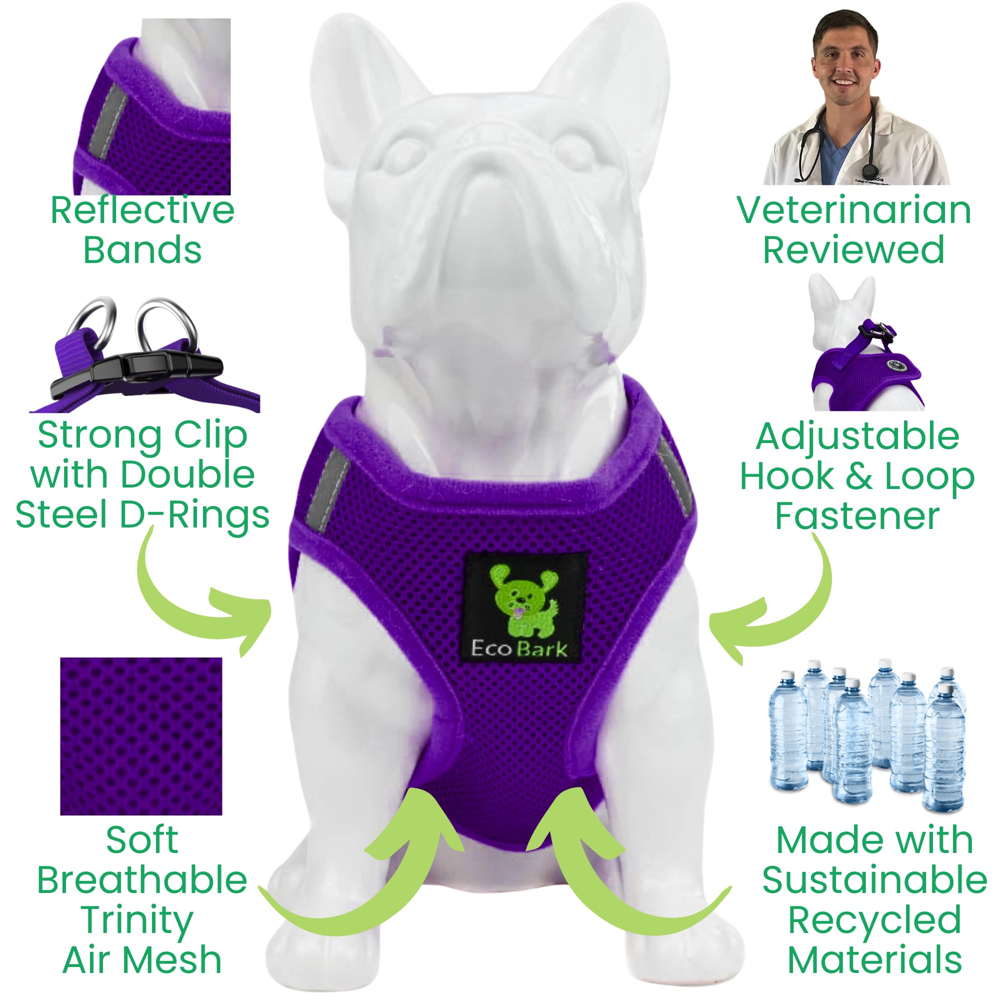 EcoBark Purple Medium Step-In Dog Harness for Small Dogs - Eco-Friendly Reflective Mesh