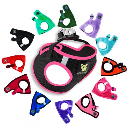 EcoBark Step-in Dog Harness XS – Reflective, Padded, No-Pull Vest for Small Dogs 5-6 lbs, Black & Pink Trim