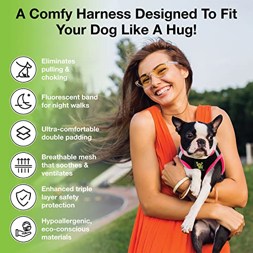 EcoBark Step-in Dog Harness XS – Reflective, Padded, No-Pull Vest for Small Dogs 5-6 lbs, Black & Pink Trim