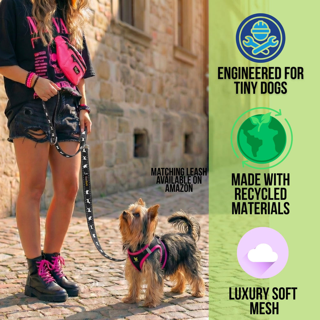 EcoBark Step-in Dog Harness XS – Reflective, Padded, No-Pull Vest for Small Dogs 5-6 lbs, Black & Pink Trim